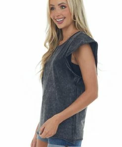 BiBi Black Mineral Wash Ruffle Sleeve Soft Knit Top Tops