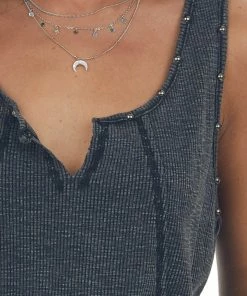 Ces Femme Black Mineral Washed Studded Detail Tank Top Tops