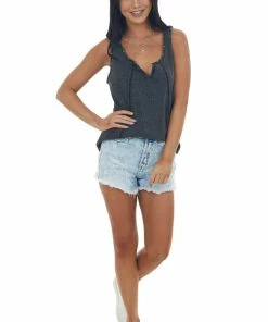 Ces Femme Black Mineral Washed Studded Detail Tank Top Tops