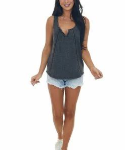 Ces Femme Black Mineral Washed Studded Detail Tank Top Tops