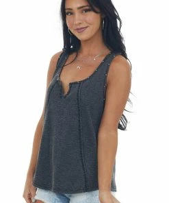 Ces Femme Black Mineral Washed Studded Detail Tank Top Tops