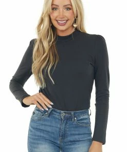 Lime'N' Chili Black Mock Neck Top With Long Sleeves And Puffy Shoulders