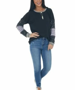 SugarFox Black Multiprint Raglan Sleeves Knit Top