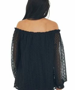 SugarFox Tops Black Off Shoulder Long Bubble Sleeve Lace Top 12 SugarFox Tops Black Off Shoulder Long Bubble Sleeve Lace Top