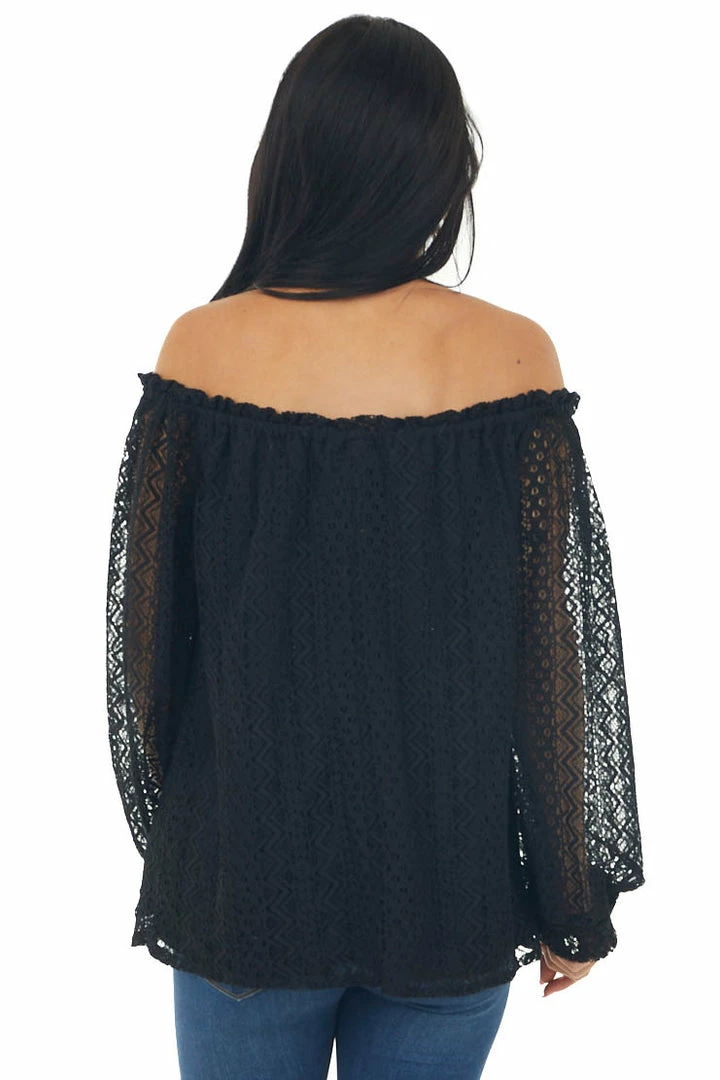 SugarFox Tops Black Off Shoulder Long Bubble Sleeve Lace Top 7 SugarFox Tops Black Off Shoulder Long Bubble Sleeve Lace Top