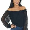 SugarFox Tops Black Off Shoulder Long Bubble Sleeve Lace Top