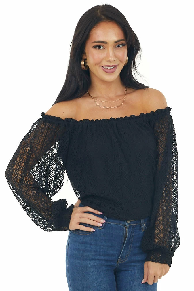 SugarFox Tops Black Off Shoulder Long Bubble Sleeve Lace Top 3 SugarFox Tops Black Off Shoulder Long Bubble Sleeve Lace Top