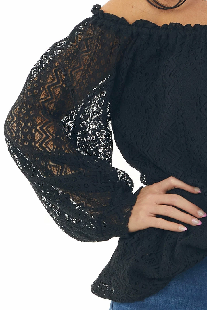 SugarFox Tops Black Off Shoulder Long Bubble Sleeve Lace Top 8 SugarFox Tops Black Off Shoulder Long Bubble Sleeve Lace Top