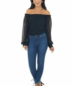 SugarFox Tops Black Off Shoulder Long Bubble Sleeve Lace Top 9 SugarFox Tops Black Off Shoulder Long Bubble Sleeve Lace Top