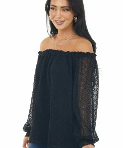 SugarFox Tops Black Off Shoulder Long Bubble Sleeve Lace Top 11 SugarFox Tops Black Off Shoulder Long Bubble Sleeve Lace Top