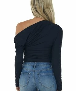 Pretty Follies Black Off The Shoulder Bodysuit Long Sleeve With Ruching Tops