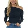 Pretty Follies Black Off The Shoulder Bodysuit Long Sleeve With Ruching Tops