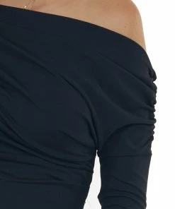 Pretty Follies Black Off The Shoulder Bodysuit Long Sleeve With Ruching Tops