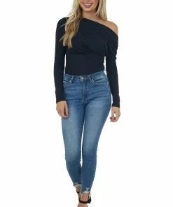 Pretty Follies Black Off The Shoulder Bodysuit Long Sleeve With Ruching Tops