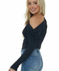 Pretty Follies Black Off The Shoulder Bodysuit Long Sleeve With Ruching Tops