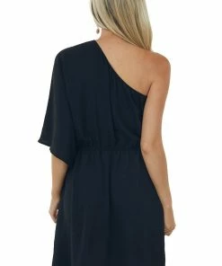 Cotton Bleu Black One Shoulder Blouson Pocket Dress