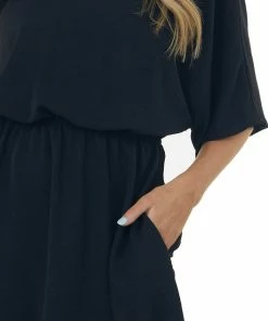 Cotton Bleu Black One Shoulder Blouson Pocket Dress