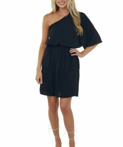 Cotton Bleu Black One Shoulder Blouson Pocket Dress