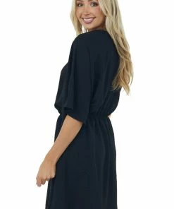 Cotton Bleu Black One Shoulder Blouson Pocket Dress