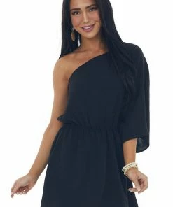 Jodifl Black One Shoulder Cinch Waist Mini Dress Dresses