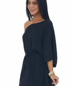 Jodifl Black One Shoulder Cinch Waist Mini Dress Dresses