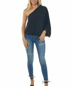 Main Strip Black One Shoulder Elastic Hem Flowy Blouse Tops