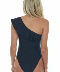 HYFVE Black One Shoulder Ruffle Solid Swimsuit Accessories