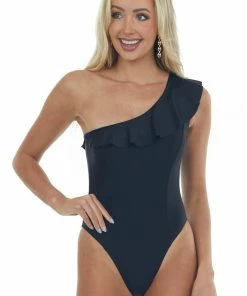 HYFVE Black One Shoulder Ruffle Solid Swimsuit Accessories