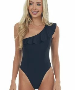 HYFVE Black One Shoulder Ruffle Solid Swimsuit Accessories