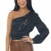 Do + Be Tops Black One Shoulder Satin Crop Blouse With Lace