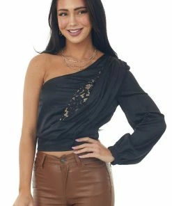 Do + Be Tops Black One Shoulder Satin Crop Blouse With Lace