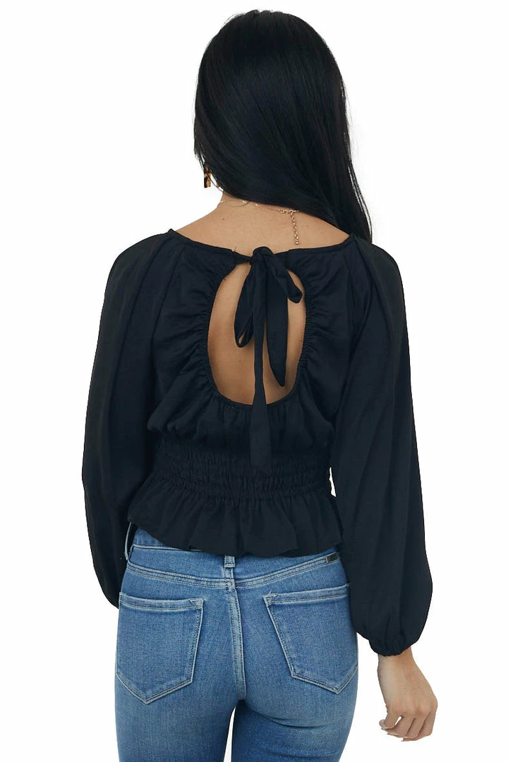 She + Sky Black Open Back Smocked Peplum Silky Blouse 7 She + Sky Black Open Back Smocked Peplum Silky Blouse