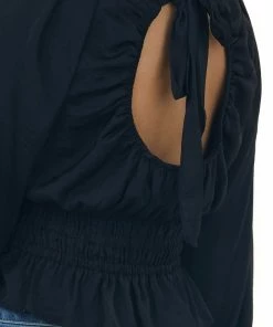 She + Sky Black Open Back Smocked Peplum Silky Blouse 13 She + Sky Black Open Back Smocked Peplum Silky Blouse