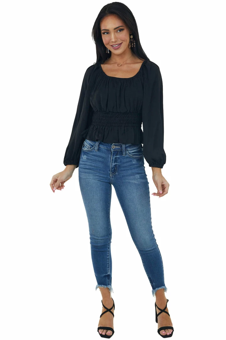 She + Sky Black Open Back Smocked Peplum Silky Blouse 4 She + Sky Black Open Back Smocked Peplum Silky Blouse