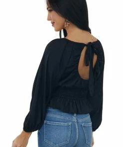 She + Sky Black Open Back Smocked Peplum Silky Blouse 11 She + Sky Black Open Back Smocked Peplum Silky Blouse