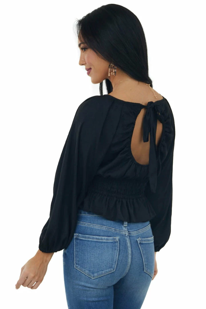 She + Sky Black Open Back Smocked Peplum Silky Blouse 6 She + Sky Black Open Back Smocked Peplum Silky Blouse