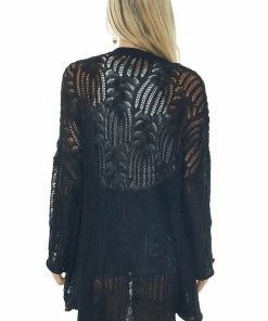 POL Clothing Tops Black Open Crochet High Low Button Up Cardigan 12 POL Clothing Tops Black Open Crochet High Low Button Up Cardigan