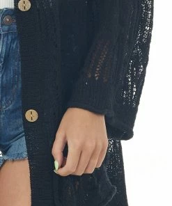 POL Clothing Tops Black Open Crochet High Low Button Up Cardigan 13 POL Clothing Tops Black Open Crochet High Low Button Up Cardigan