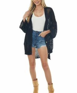 POL Clothing Tops Black Open Crochet High Low Button Up Cardigan 10 POL Clothing Tops Black Open Crochet High Low Button Up Cardigan