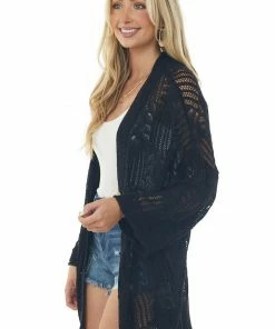 POL Clothing Tops Black Open Crochet High Low Button Up Cardigan 11 POL Clothing Tops Black Open Crochet High Low Button Up Cardigan