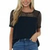 BiBi Black Open Lace Contrast Short Sleeve Blouse