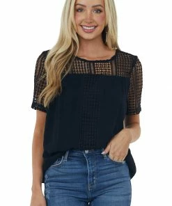 BiBi Black Open Lace Contrast Short Sleeve Blouse