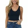 Miss Sparkling Tops Black Padded V Neck Ribbed Cropped Tank Top