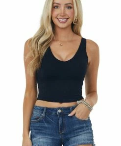 Miss Sparkling Tops Black Padded V Neck Ribbed Cropped Tank Top