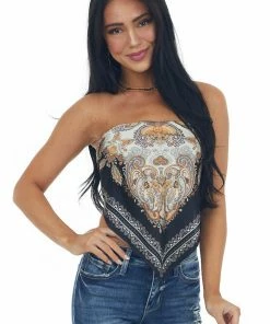Eesome Black Paisley Print Smocked Bandana Style Top