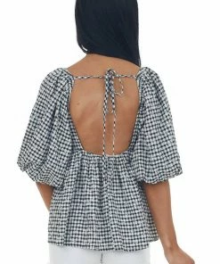 Sweet Lemon Black Plaid Bubble Sleeve Babydoll Blouse