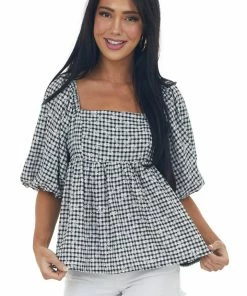 Sweet Lemon Black Plaid Bubble Sleeve Babydoll Blouse