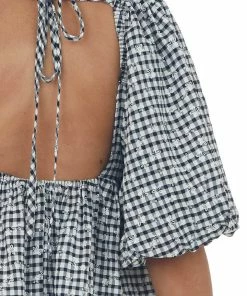 Sweet Lemon Black Plaid Bubble Sleeve Babydoll Blouse