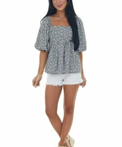 Sweet Lemon Black Plaid Bubble Sleeve Babydoll Blouse