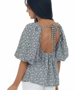 Sweet Lemon Black Plaid Bubble Sleeve Babydoll Blouse